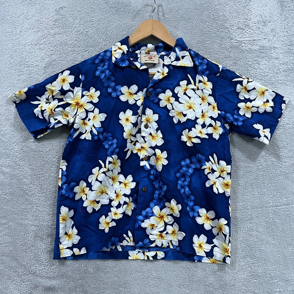 Hawaii Station Aloha Shirt Mens 15-16 Blue White Plumeria Aloha Floral Button Up